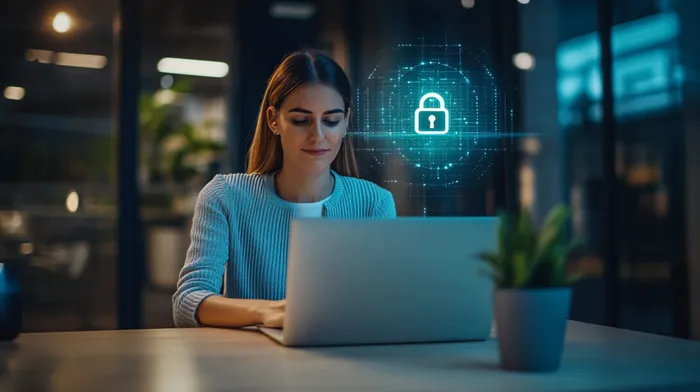 a woman sitting in front of a laptop, there's a security lock floating above her