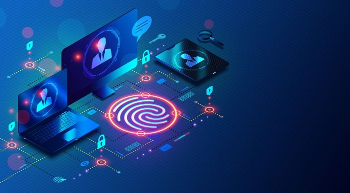 Digital security illustration with biometric scanning, devices, and SOC Type 2 compliance icons