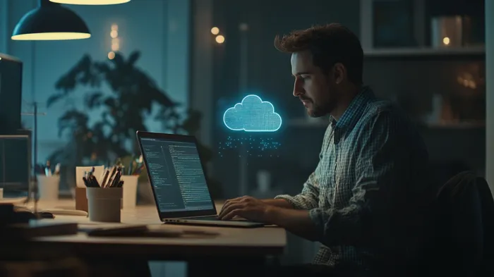 a man sitting in front of a laptop computer