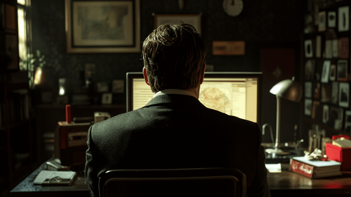 Cybersecurity professional sitting at his desk in his quiet office in front of a computer screen