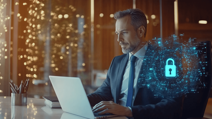 Cybersecurity professional sitting in front of a laptop computer with a floating lock symbol next to him