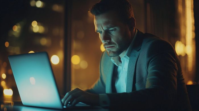 a man sitting in front of a laptop computer