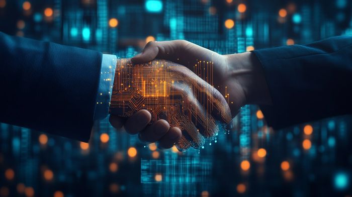 two people shaking hands over a digital background