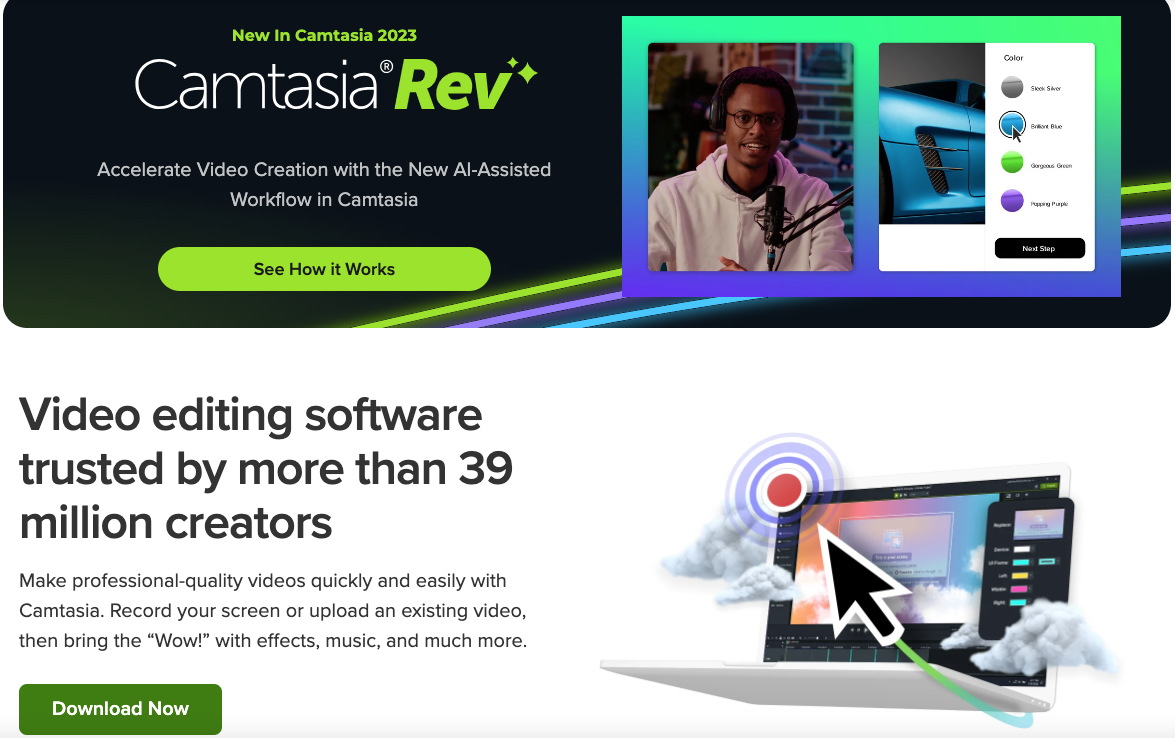 A web page for a video editing software: Camstasia -5 Loom Alternatives