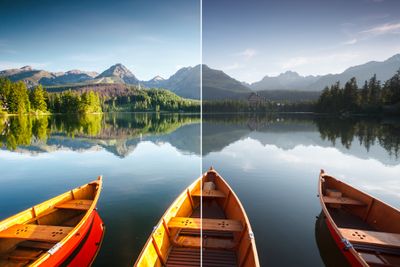 a split photo of two canoes on a lake by Leon Idtit