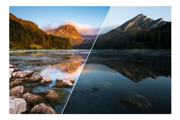 How to find your photo editing style: a split photo of a mountain and a lake.