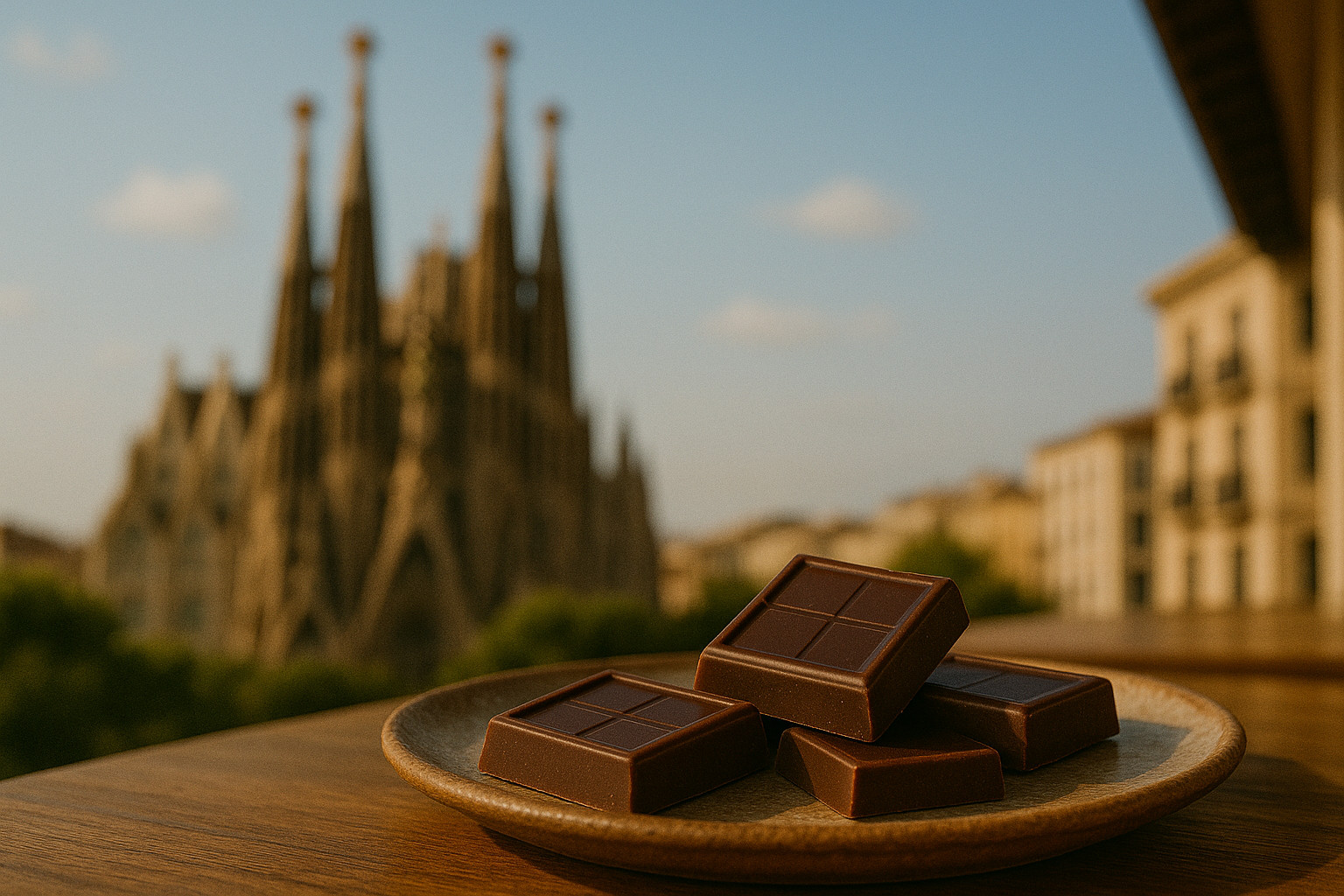 A couple of pieces of chocolate sitting on top of a plate, with a Spanish city in the background.