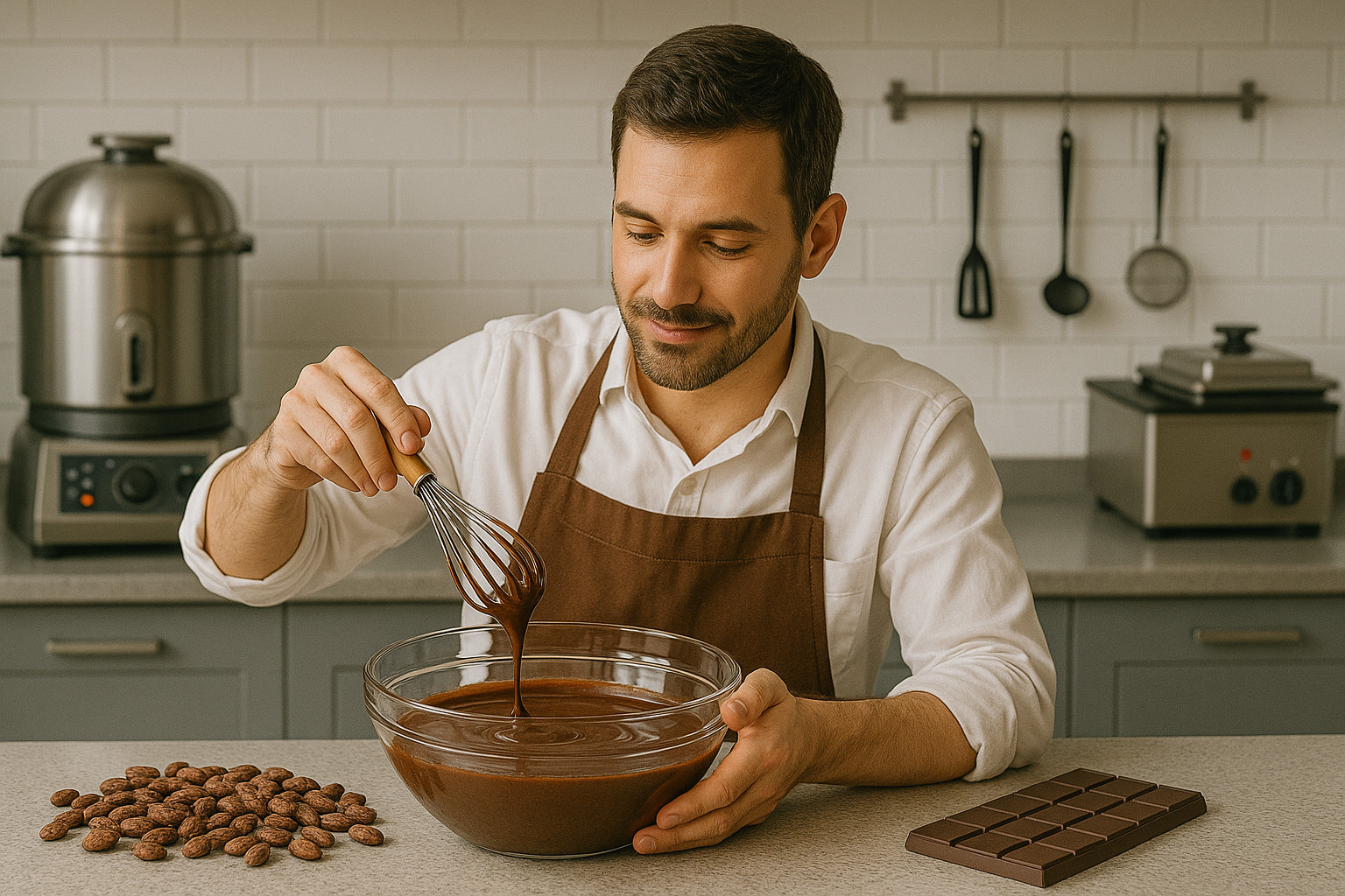 A man in an apron mixing chocolate in a bowl.