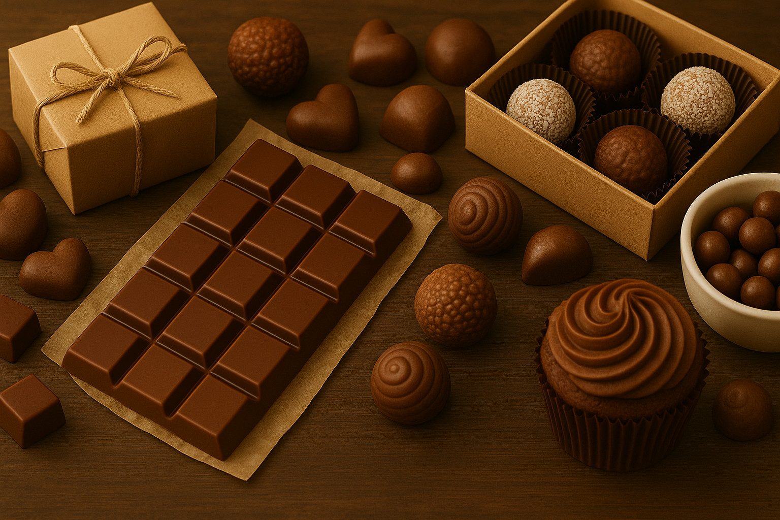 A table topped with chocolate treats and a box of chocolates.