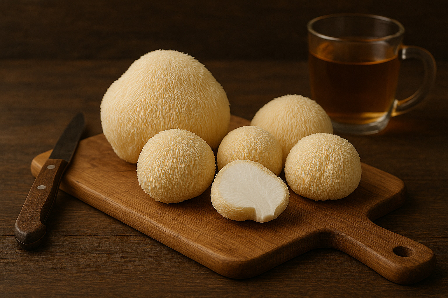 Lion's mane mushroom with white cascading spines on wooden cutting board.
