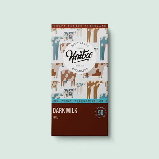 A Kaitxo dark milk chocolate bar on a green background.