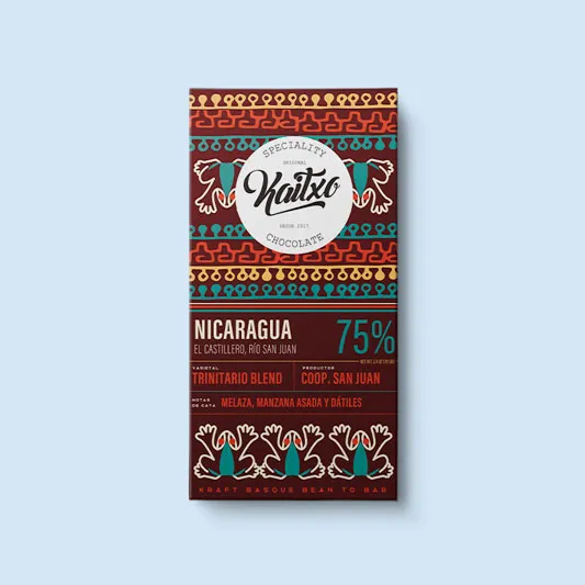 A Kaitxo Nicaragua chocolate bar on a blue background.