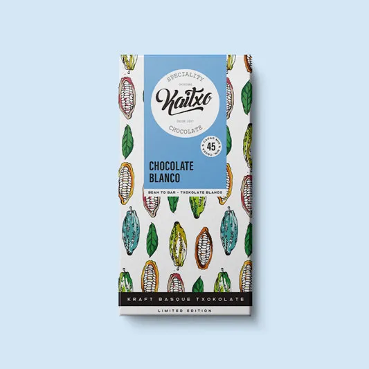 A Kaitxo white chocolate bar on a blue background.