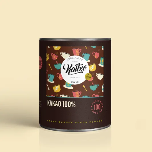 A  tin of Kaitxo 100% Powdered Kakao with a pattern on it.