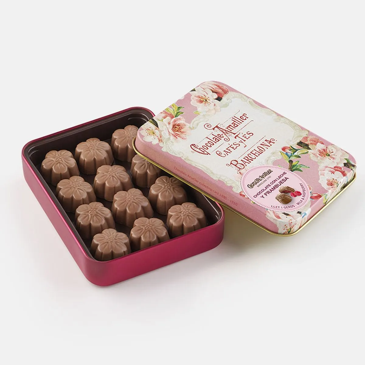 A vintage style tin of flower shaped chocolate pralines.