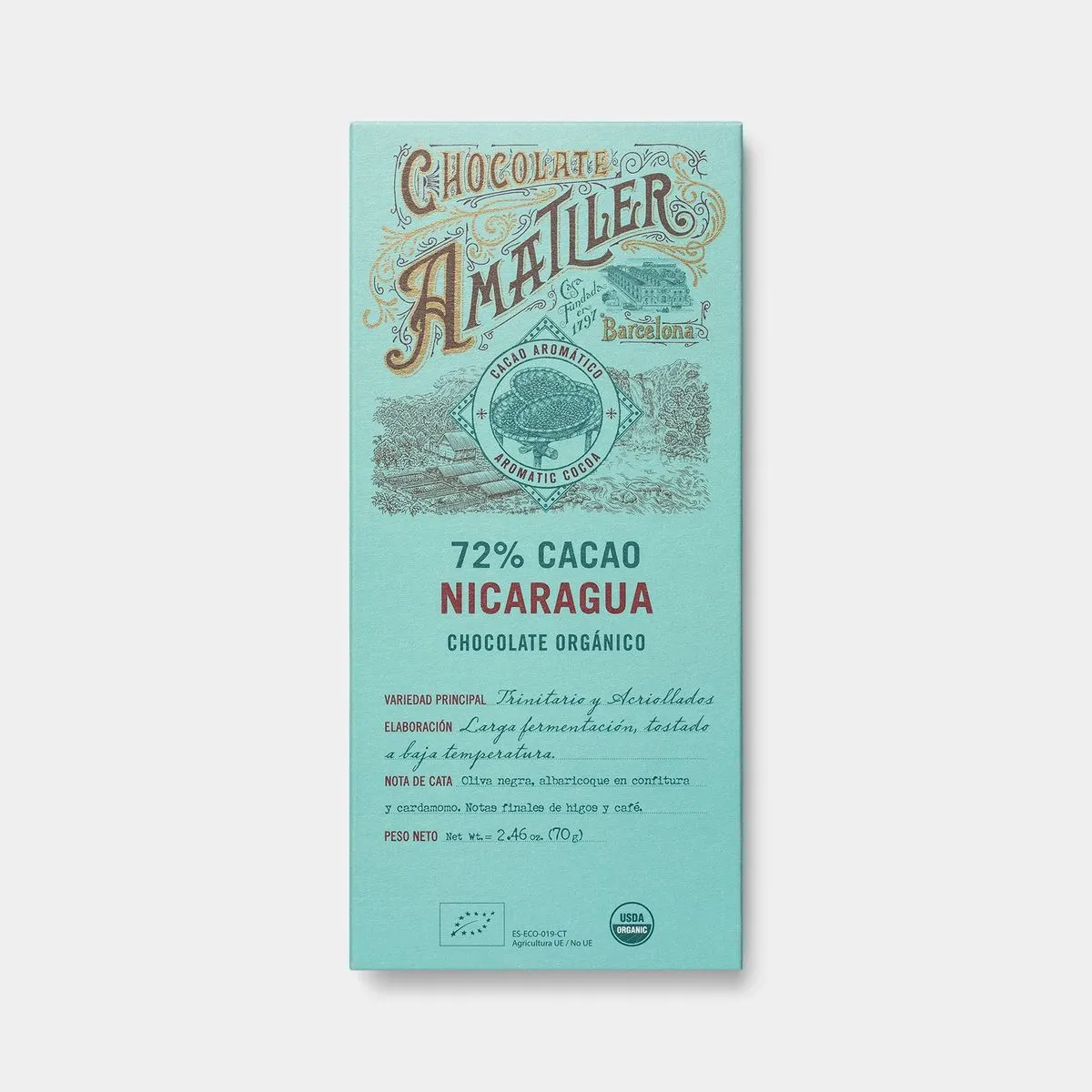 Chocolates Amatller 72% Dark Chocolate, in a turquoise packing with art nouveau design.