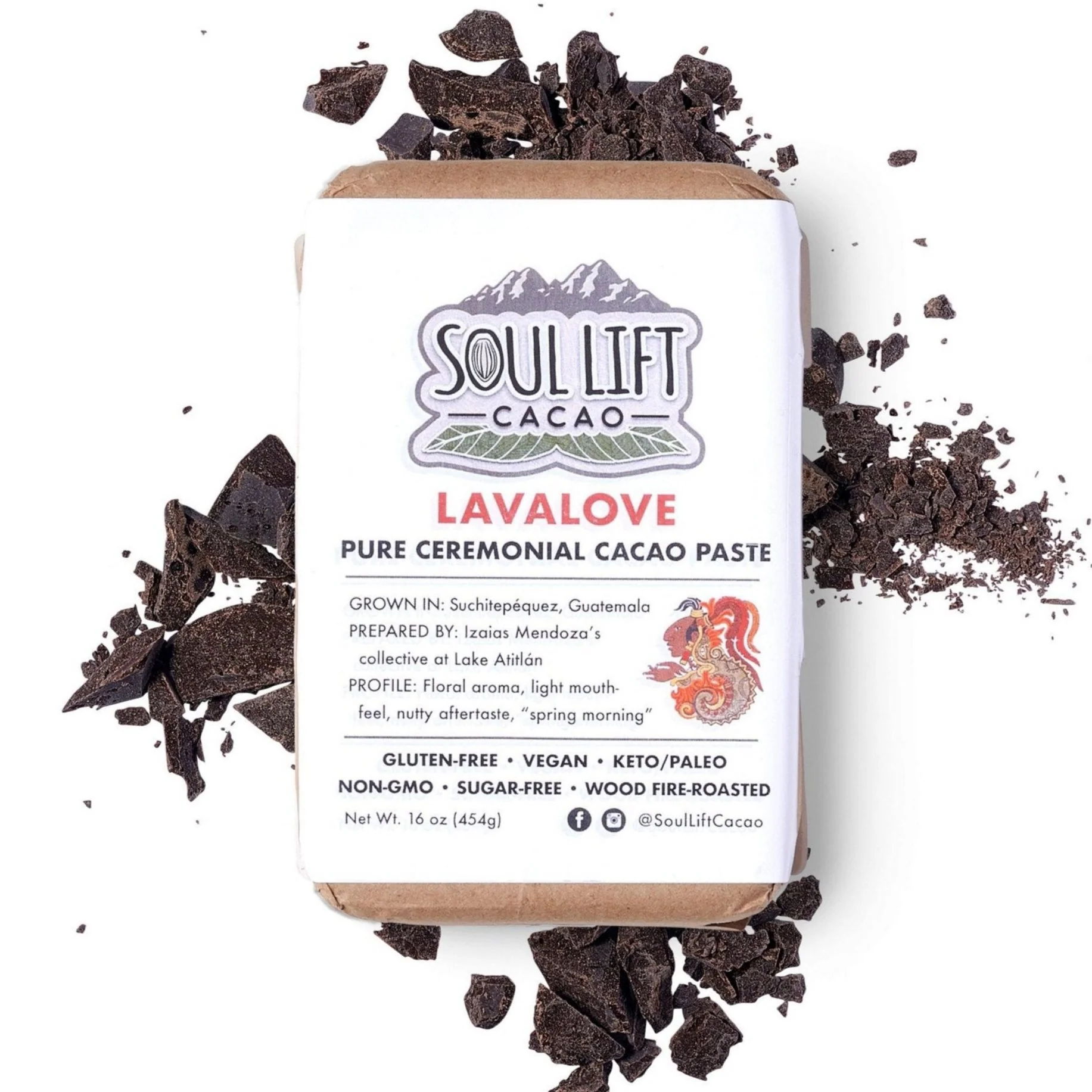 A brick of Soul Life Ceremonial Cacao Paste on a white background.
