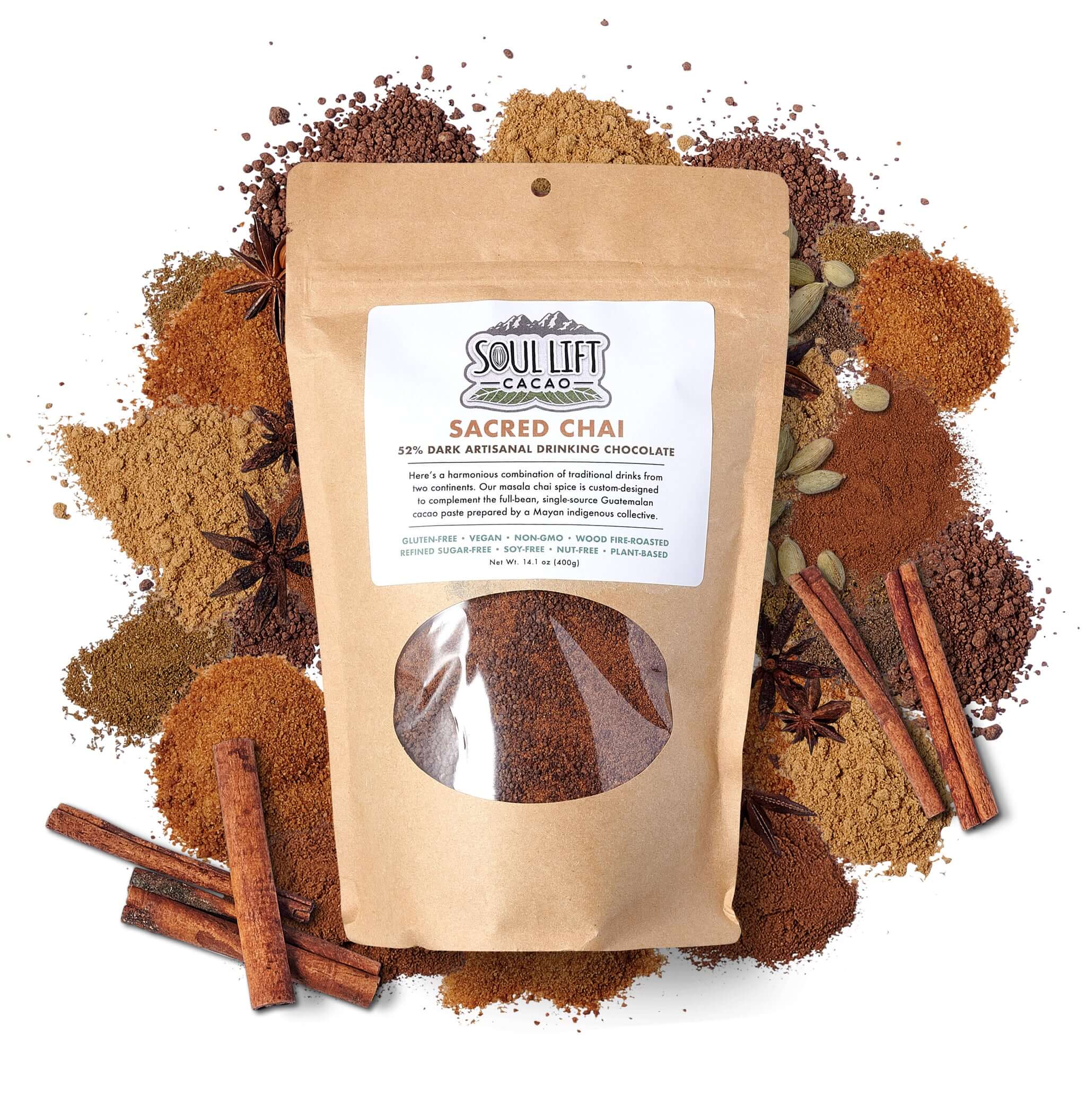A bag of Soul Life Ceremonial Cacao Chai next to some spices.