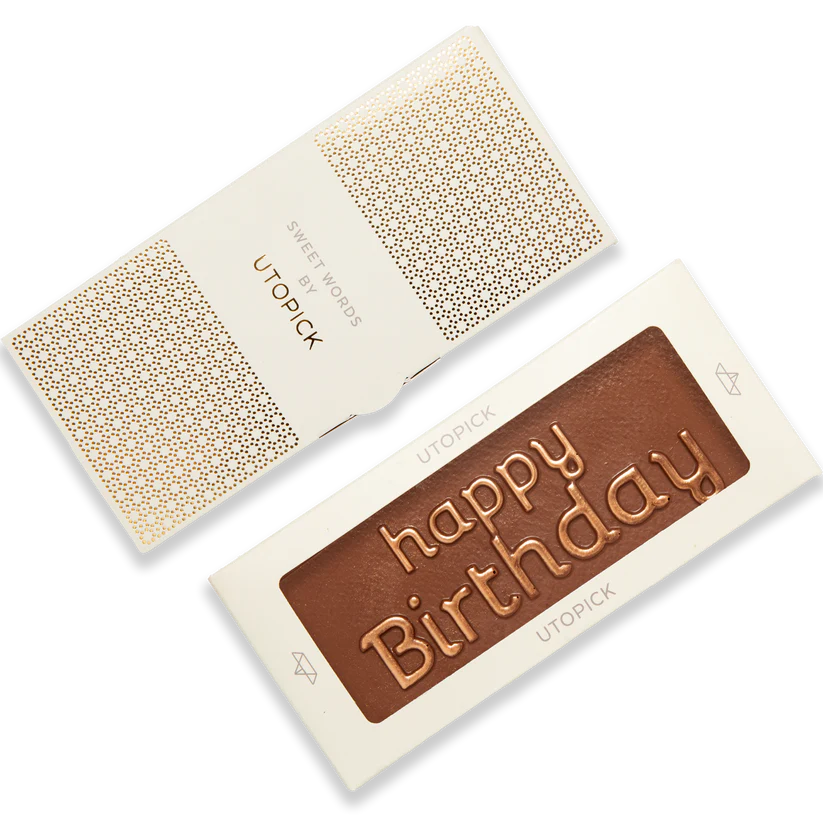 A chocolate bar with a happy birthday message on it.