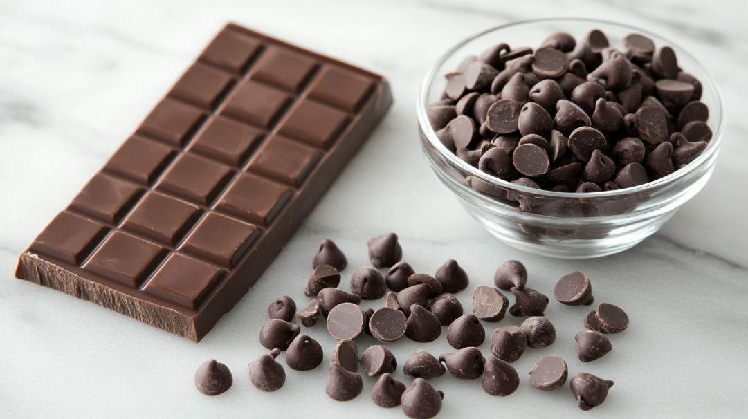 A bowl of chocolate chips next to a chocolate bar.