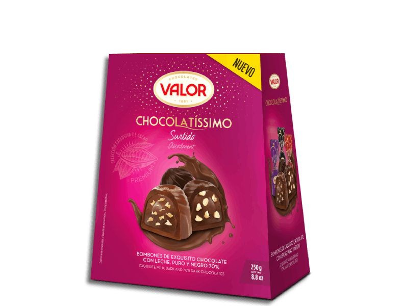 A box of Valor chocolate truffles in a pink box.