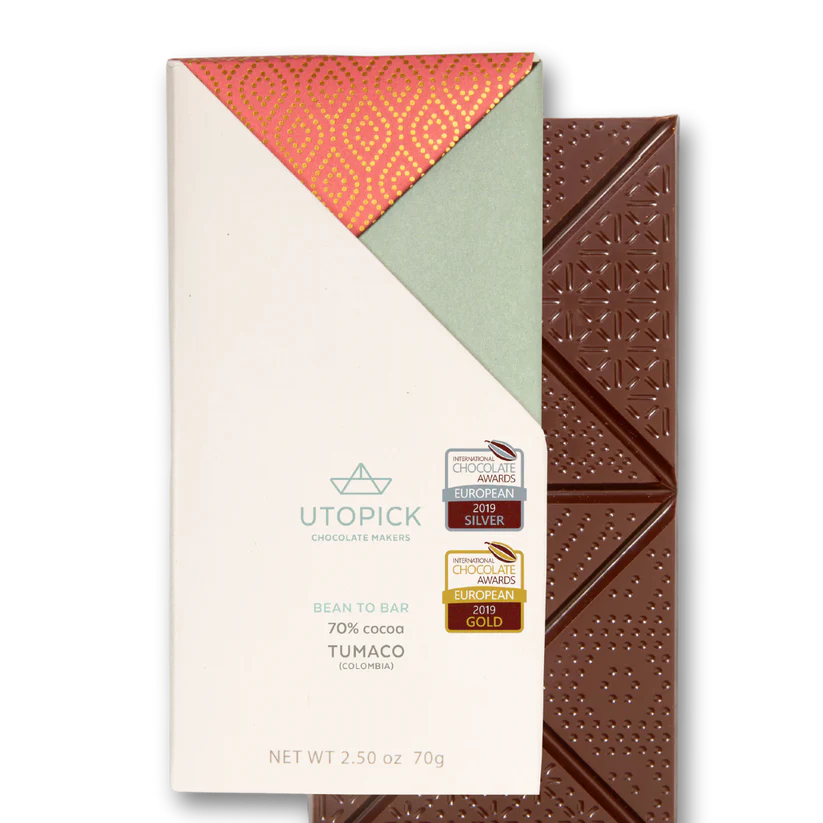 A bar of chocolate made with 70% cacao from Tumaco, Colombia. 