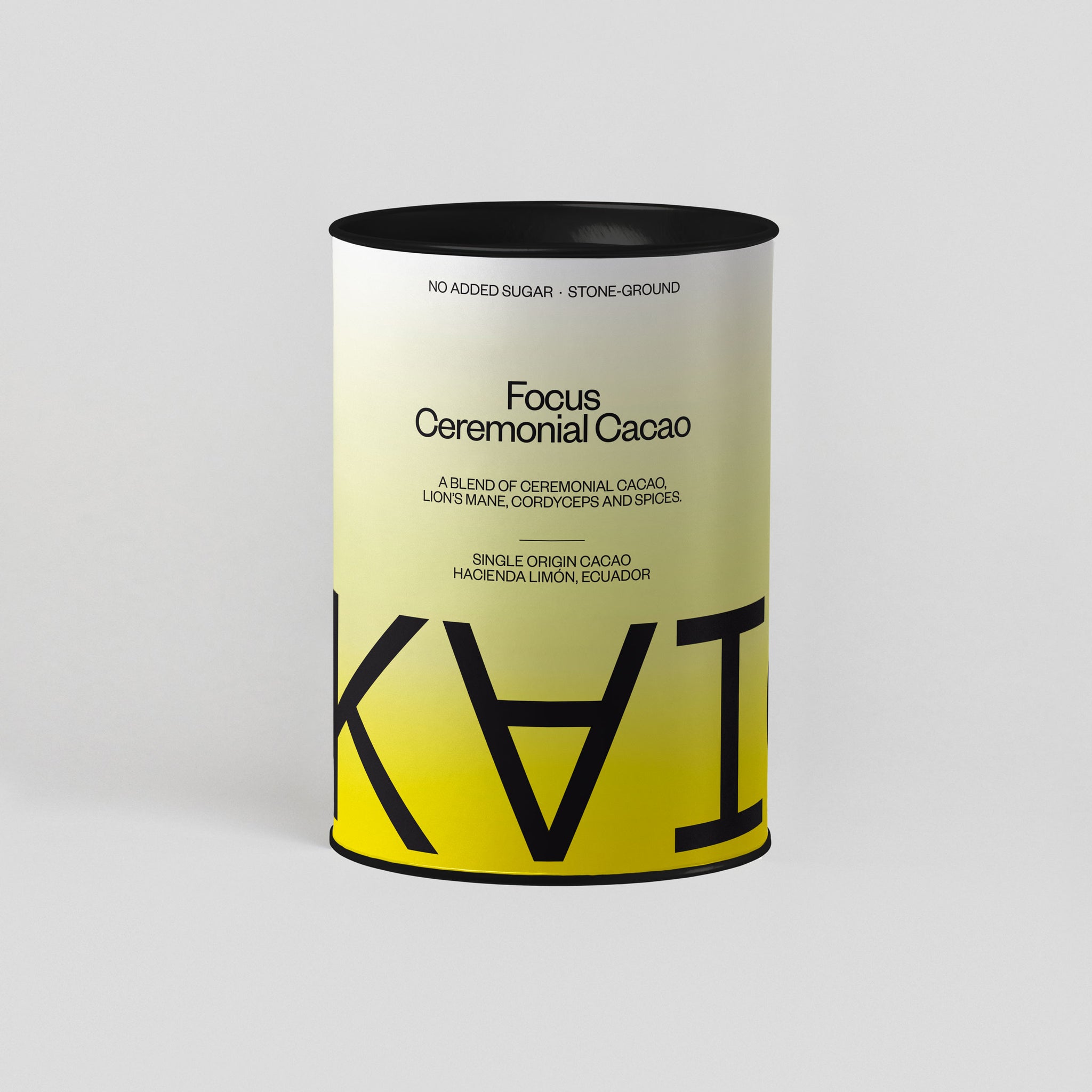 a yellow and black can of Focus Ceremonial Cacao | Kaicao on a white surface