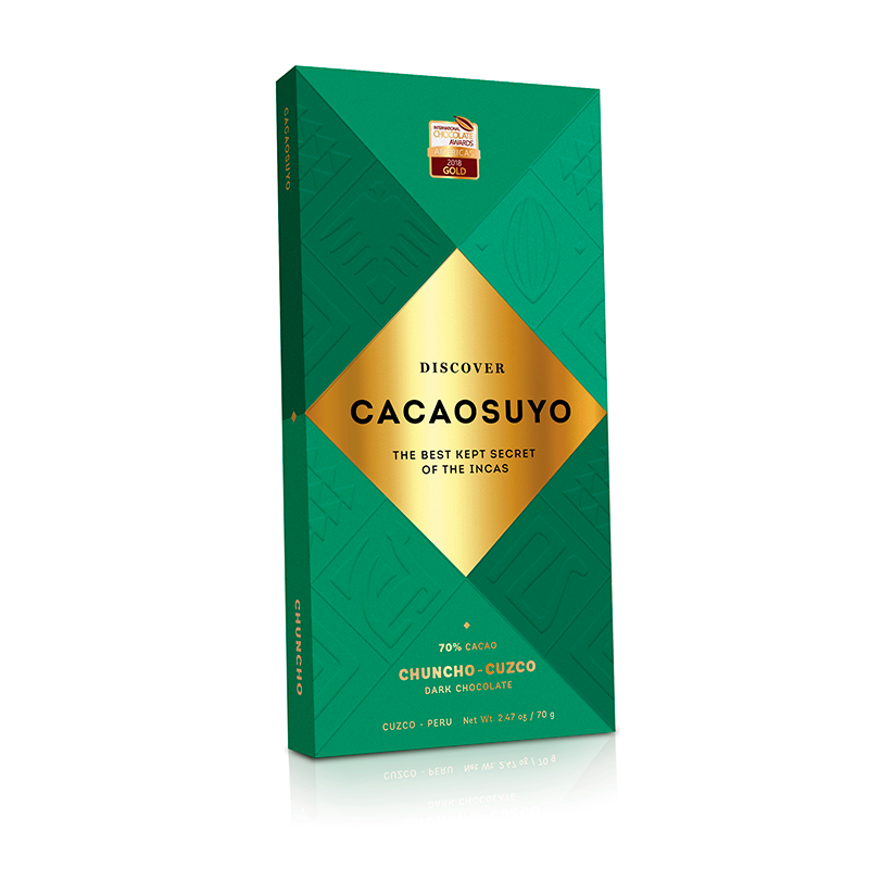 CACAOSUYO Chocolates in a green box.