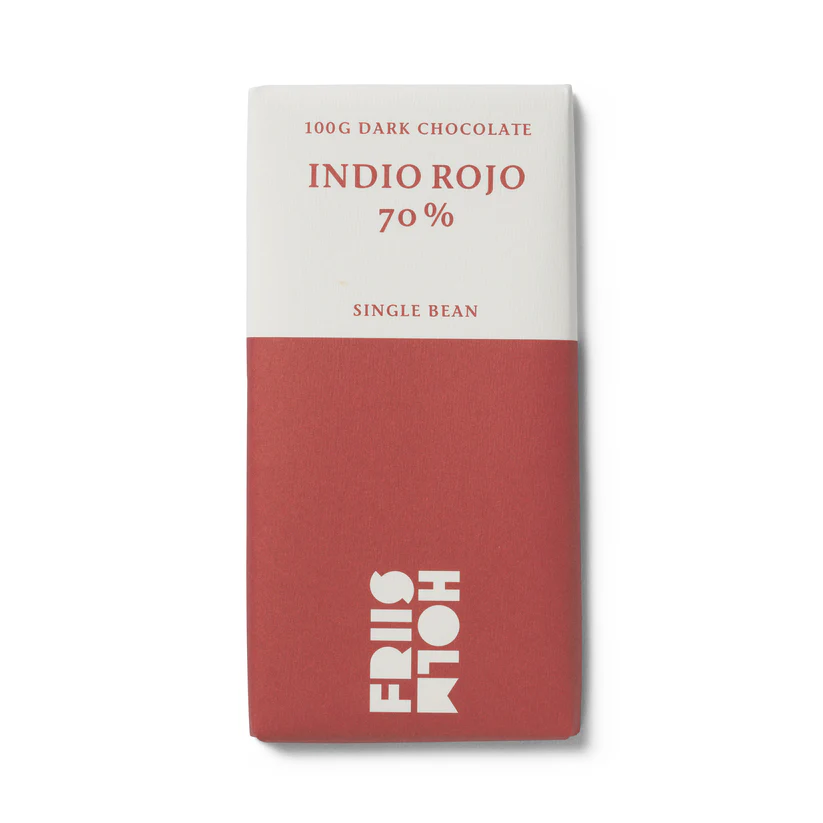 A bar of dark chocolate with the word India Rojo on it. The packaging is red and white. 