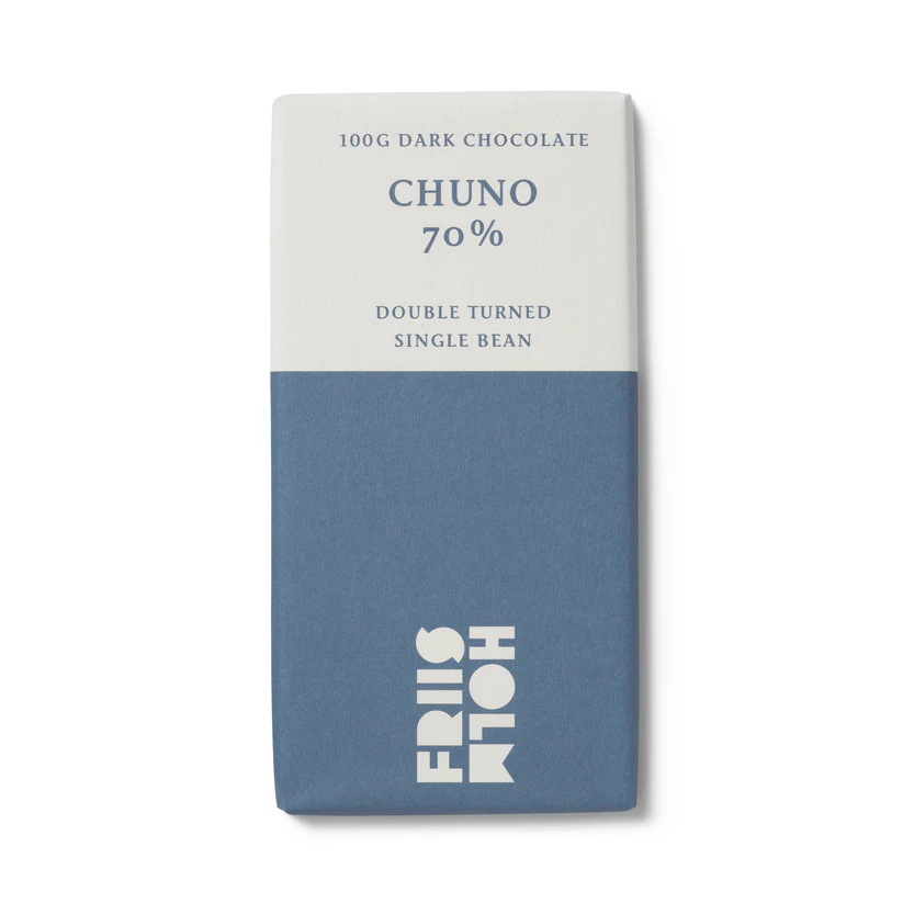 A bar of chocolate with the word chuno on it. Ther packaging is blue and white.