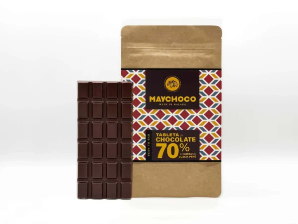MAYCHOCO 70% Chocolate bar and its eco-wrapping.