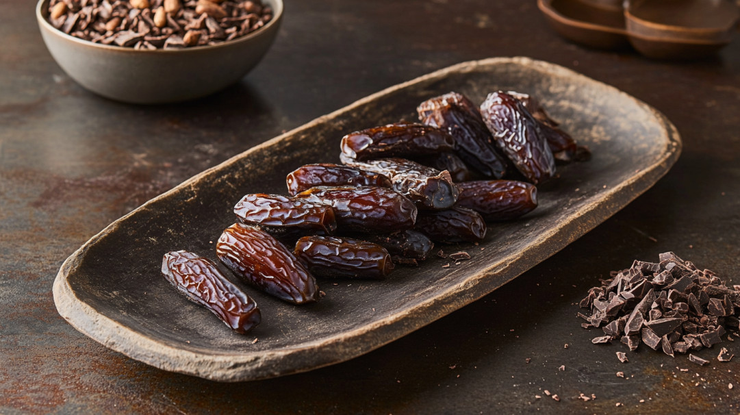 A plate of dates next to a bowl of chocolate.