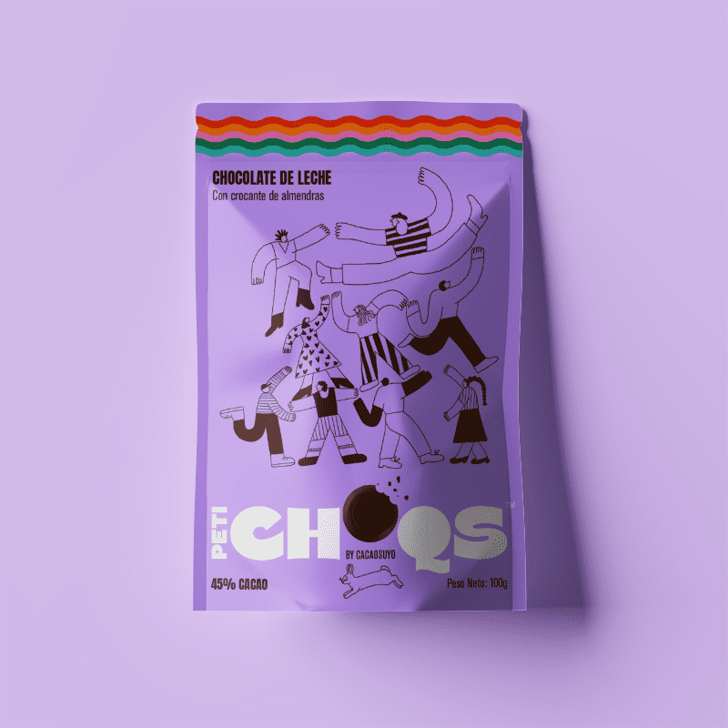 A purple paper bag of CACAOSUYO mini chocolates, ith a drawing of people on it