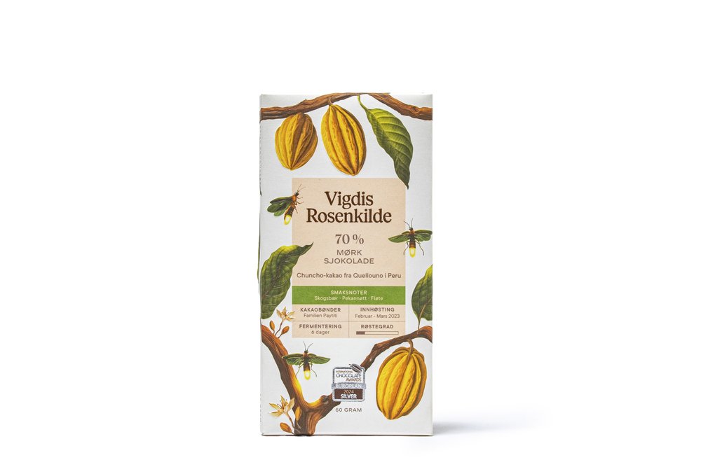 A slab of chocolate with cacao pods, leaves, and fireflies on the packaging.