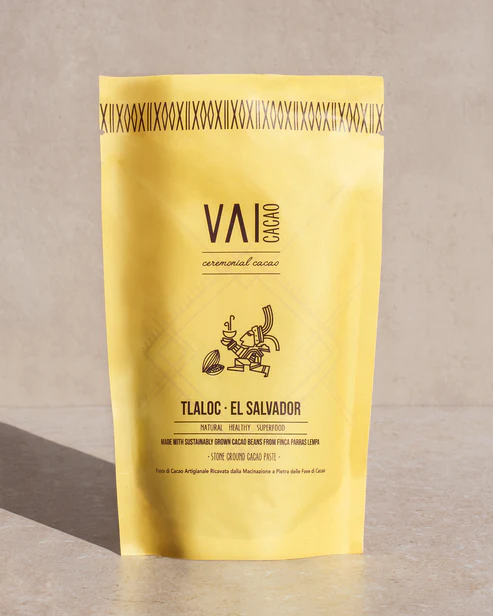 A bag of Tlaloc - El Salvador Ceremonial Cacao on a table.