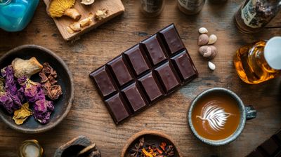 A wooden table topped with cups of coffee and chocolate.