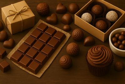 A table topped with chocolate treats and a box of chocolates.