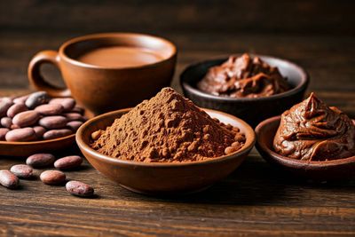 a wooden table topped with bowls filled with food