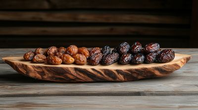 A wooden platter filled with dates on a wooden table.