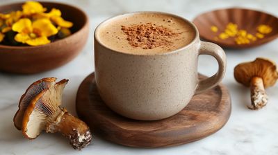 A cup of cacao on a plate next to some mushrooms