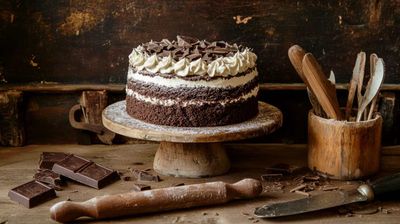 A chocolate cake sitting on top of a wooden table.