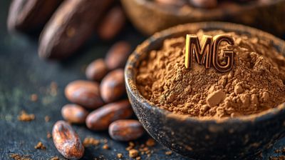 A wooden bowl filled with cocoa powder next to nuts.