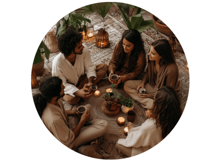 a group of people sitting around a table with candles