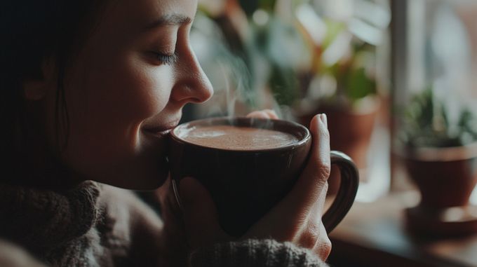 A woman drinking a cup of ceremonial cacao.