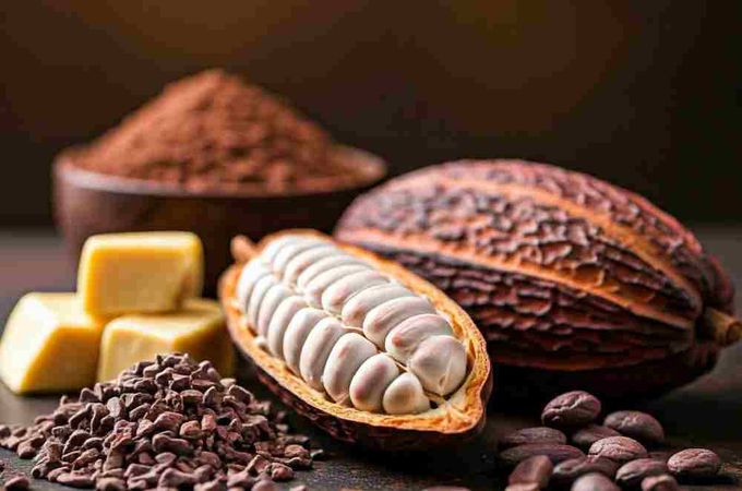 Different forms of the cacao plant on a table.