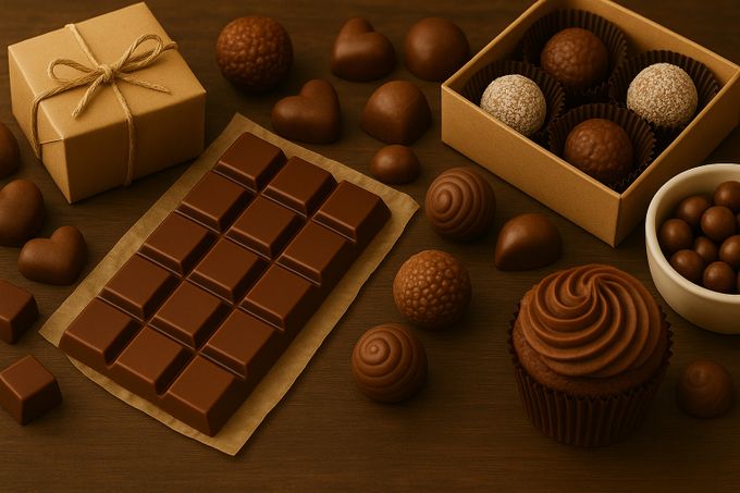 A table topped with chocolate treats and a box of chocolates.