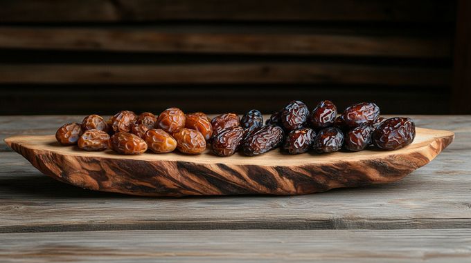 A wooden platter filled with dates on a wooden table.