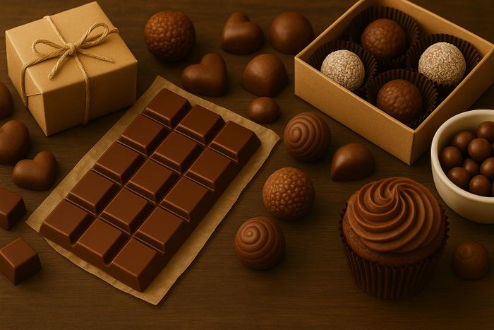 A table topped with chocolate treats and a box of chocolates.