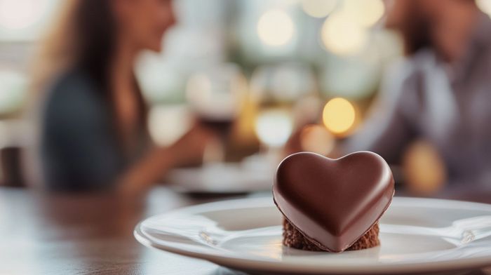 An image of a chocolate heart on a plate with a couple sitting at a table in the background.