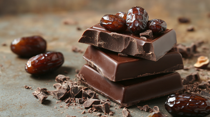 A pile of chocolate with fresh dates on top of it.